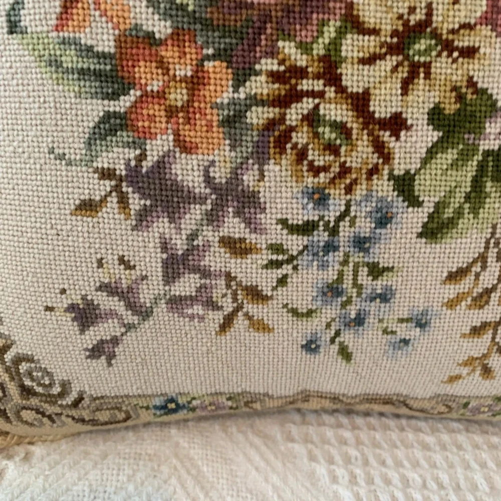 Vintage Floral Needlepoint Throw Pillow